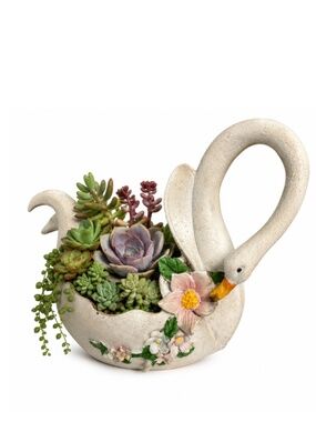 Handmade Ceramic Swan Planter with Floral Accents